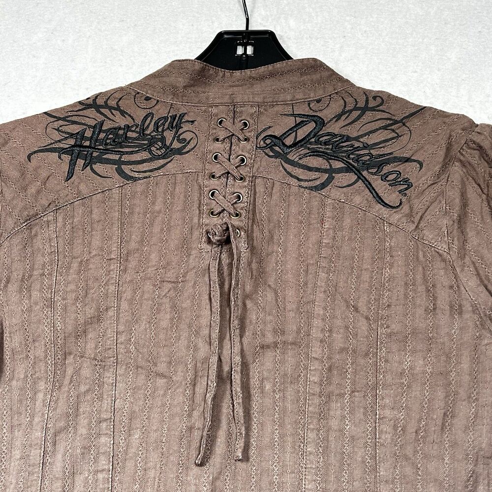 Harley Davidson Shirt Women Small Dark Brown Lace Up Back Button Up Embroidered - Picture 8 of 11